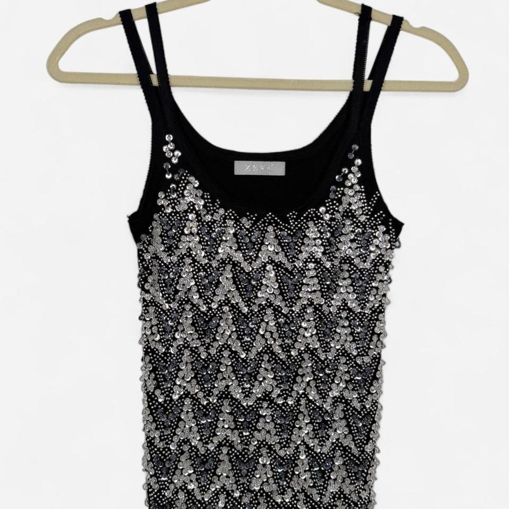Vintage black sequin beaded cami top silver embellished party tank Y2K - Picture 1 of 5